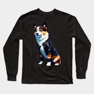 Cool Corgi in Black Leather Jacket Long Sleeve T-Shirt